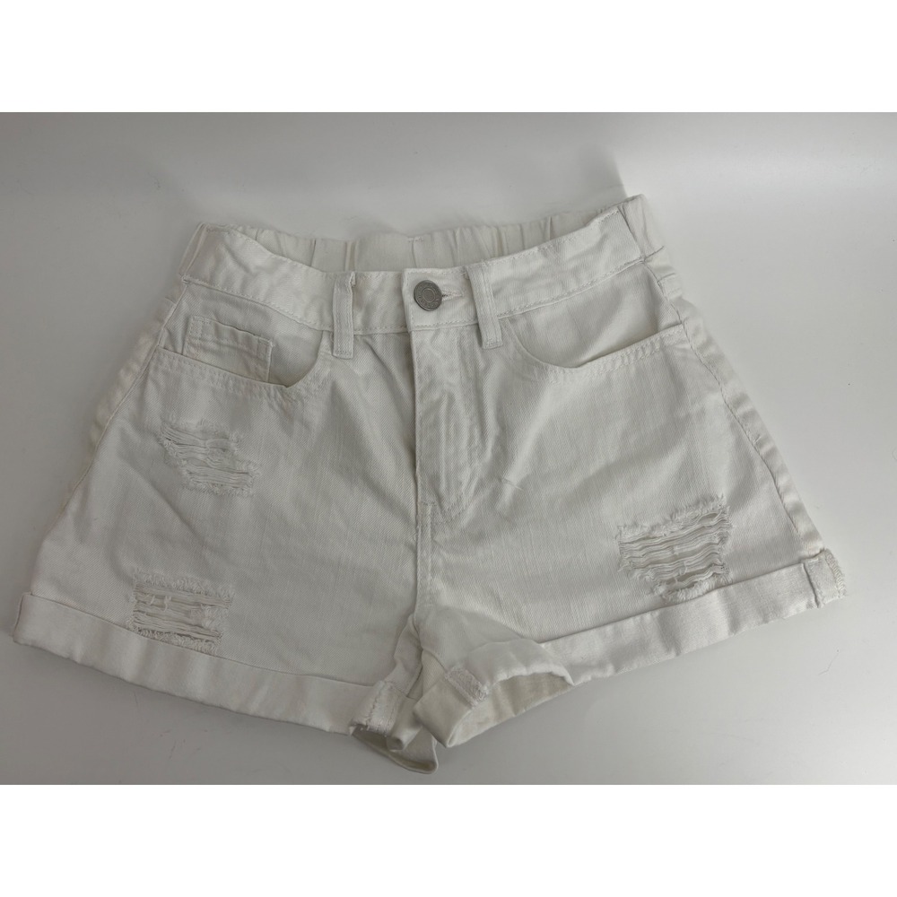 YMI Dream White Distressed Denim Shorts Elastic Waist Cuffed Hem Small